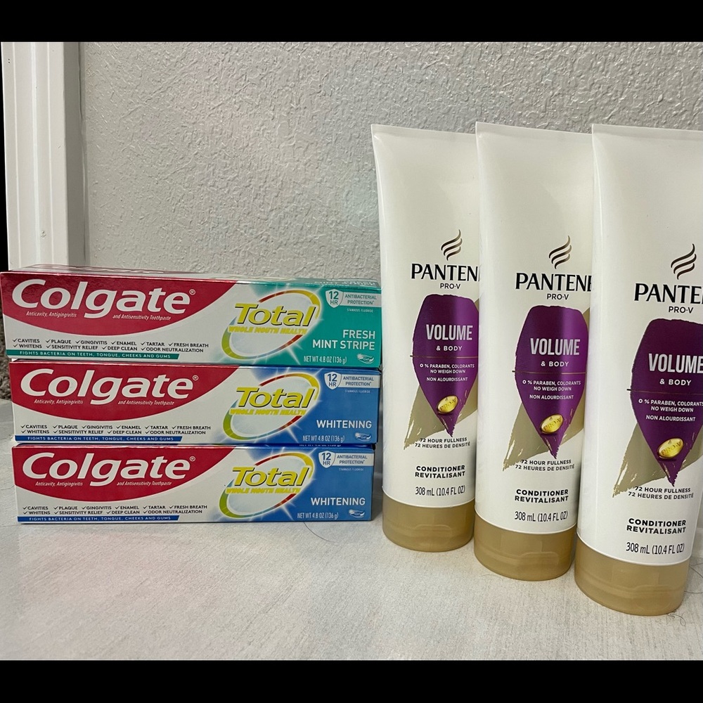 3 colgate total toothpastes 3 Pantene volume conditioners